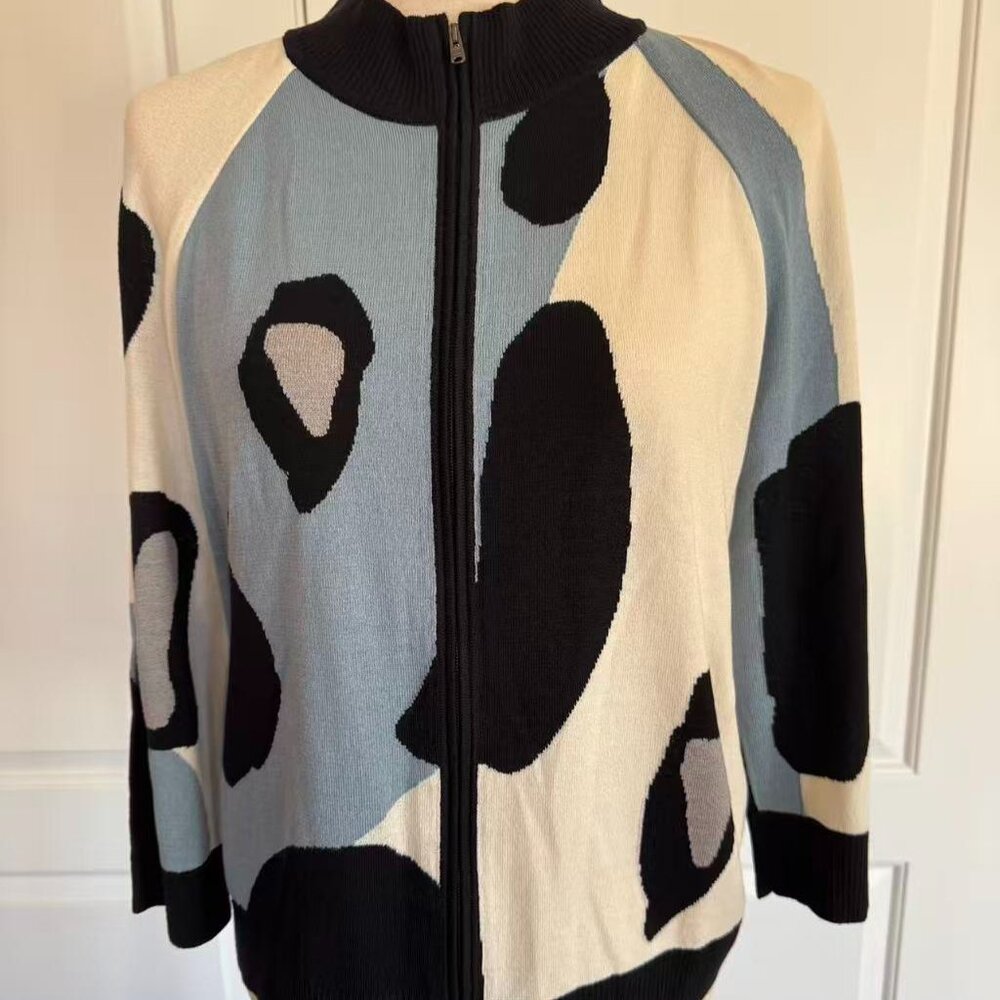 ST. JOHN Blue/White/Black Zip Cardigan, Sz M